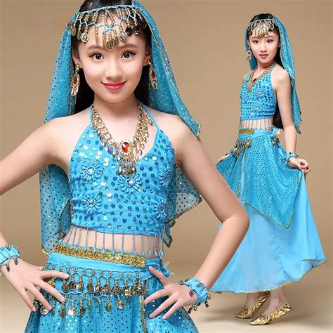 Indian Sari Children Indian Dance 5 piece Costume Set (Top, Belt, Skirt and Head Pieces) Kids ...