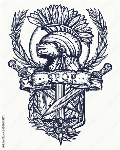 Vetor do Stock: Spartan helmet, roman shield, crossed swords and laurel ...