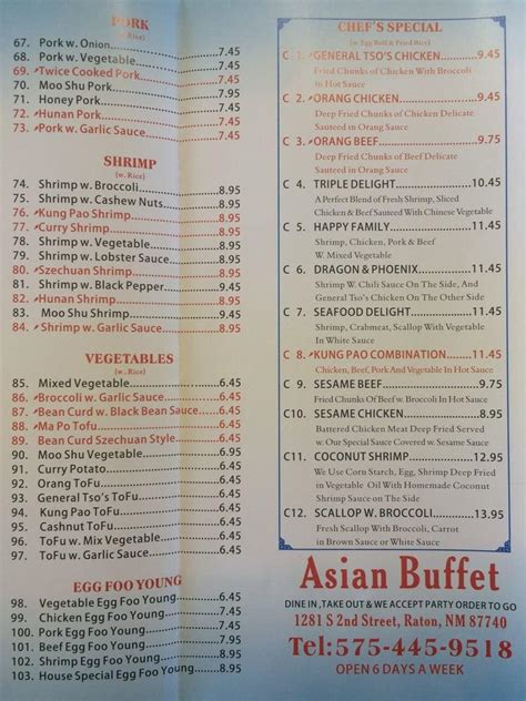 Menu at Asian Buffet restaurant, Raton