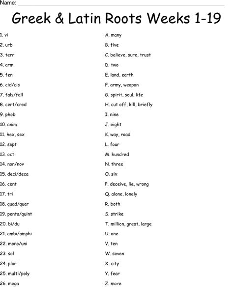 Greek & Latin Roots Weeks 1-19 Worksheet - WordMint