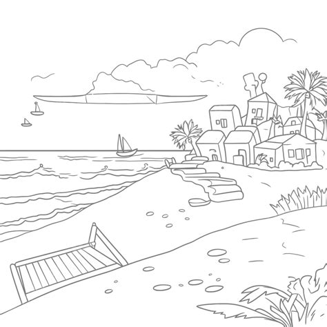 Dessin De Pages Coloriage Plage Avec Vue Sur La Mer Des Bateaux Et Maisons Cabanes Arbres ...