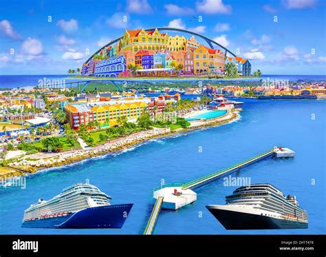 Collage with aerial panorama of Willemstad town in Curacao - The island Curacao is a tropical ...