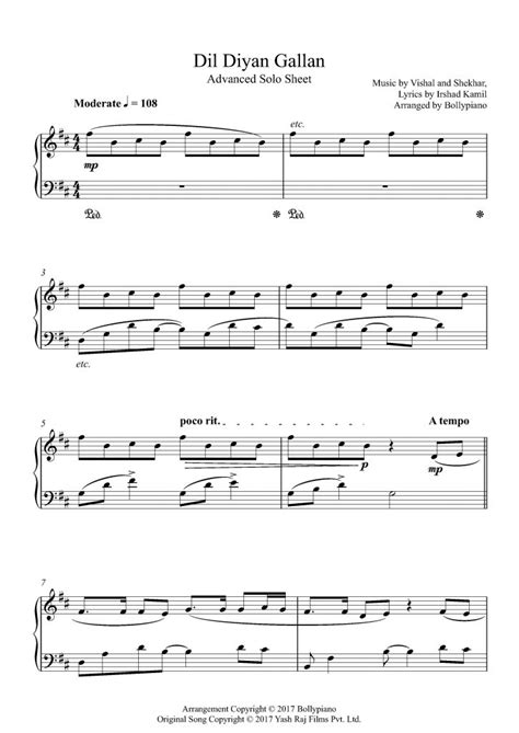 Dil Diyan Gallan Advanced Piano Notes | Piano Solo Sheet Music PDF