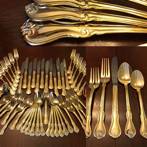 Gold Flatware set for 12, 60 piece Gold Electroplate Flatware, scroll ...