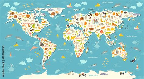 Animals world map. Beautiful cheerful colorful vector illustration for ...