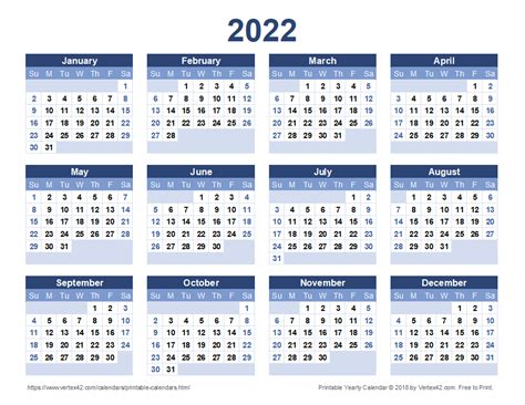 2022 Printable Yearly Calendar | Free Letter Templates