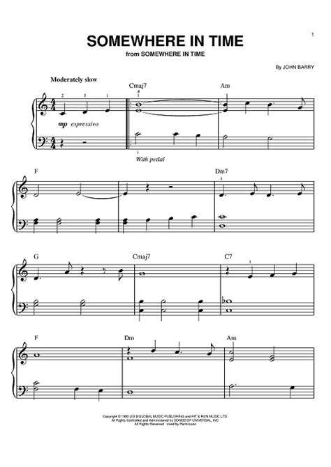 Somewhere In Time" Sheet Music by John Barry for Easy Piano - Sheet ...