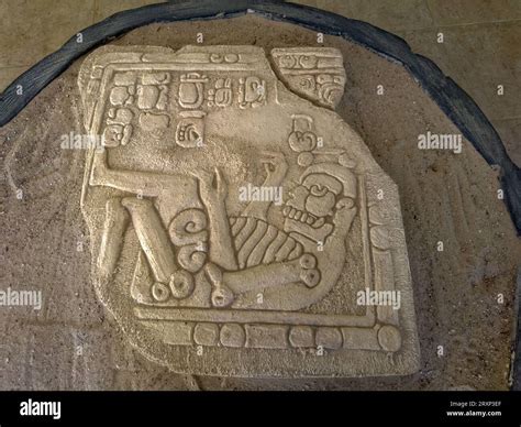 Replica of Altar 1 museum in the Xunantunich Archeological Reserve in Belize. The original is in ...