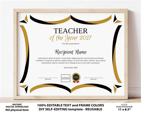 Teacher of the Year EDITABLE Certificate Template Printable - Etsy