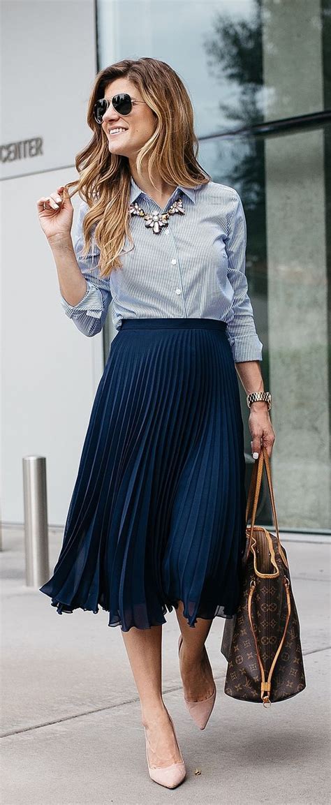 pleated midi navy skirt, a striped blue shirt, blush shoes | Work ...