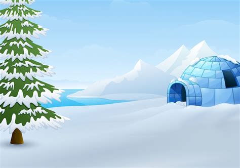 Premium Vector | Cartoon of igloo with fir trees and mountains in winter illustration