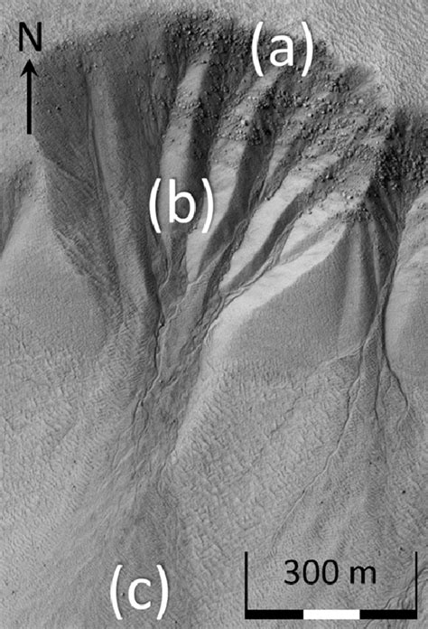 A HiRISE gully monitoring image of a series of typical Mars gullies... | Download Scientific Diagram