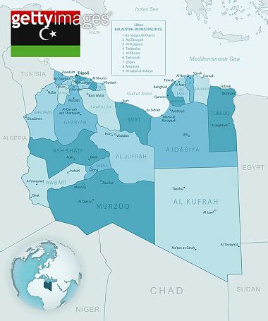 Blue-green detailed map of Libya administrative divisions with country flag and location on the ...