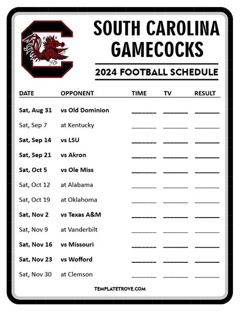 Printable 2024 South Carolina Gamecocks Football Schedule