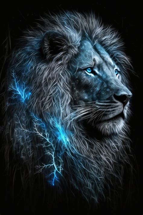 Magic Frost Lion with Blue Eyes on Black Background. Generative AI Stock Illustration ...