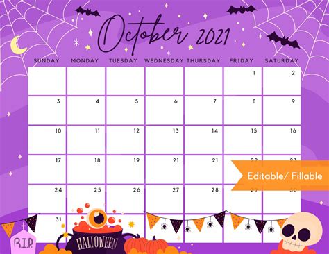 Free Printable October 2021 Calendar Halloween