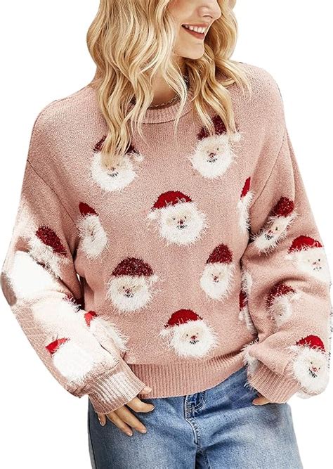 N /C Women Christmas Sweaters Pullover Long Sleeve Crewneck Cute Santa Claus Print Loose Knit ...