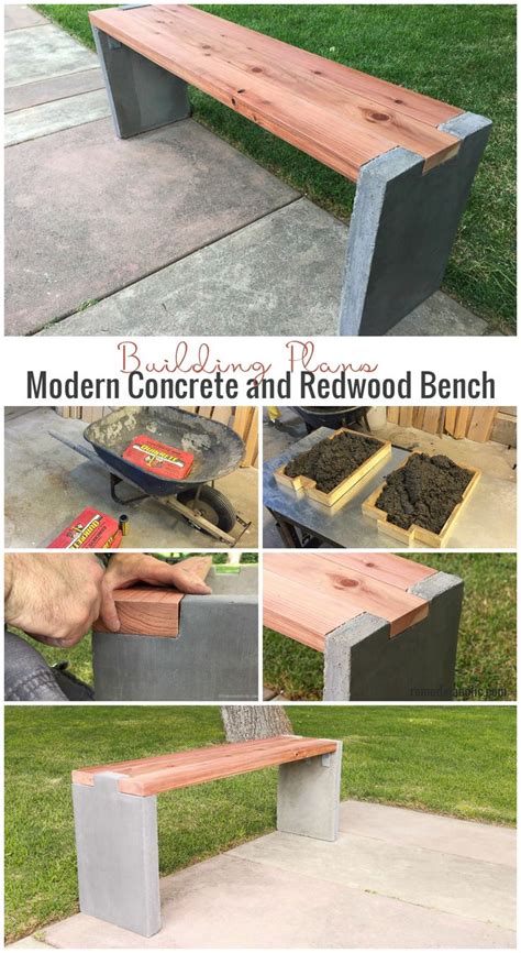 DIY Modern Concrete and Redwood Bench building plans @Remodelaholic.com | Garden bench diy, Diy ...