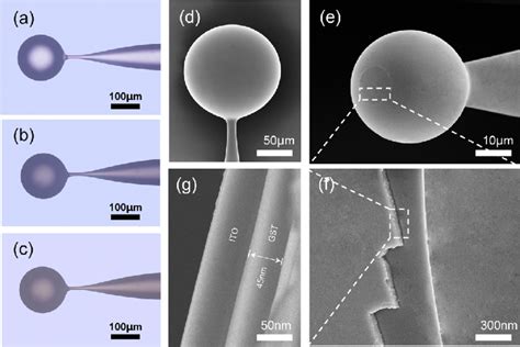 (a−c) Microscope images of optical fiber microspheres that are ...