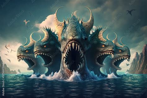 five head sea monster fantasy 3D illustration digital art landscape wallpaper (ai generated ...