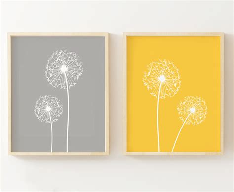 Dandelion Grey And Yellow Wall Art Simple Artwork Above Bed | Etsy