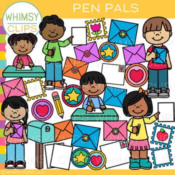 Pen Pal Kids Writing and Mailing Letters Clip Art by Whimsy Clips