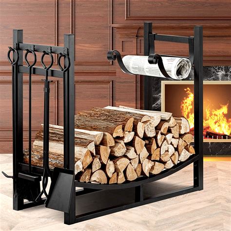 Firewood Log Rack Steel Fireplace Wood Storage Holder with Tools Black ...