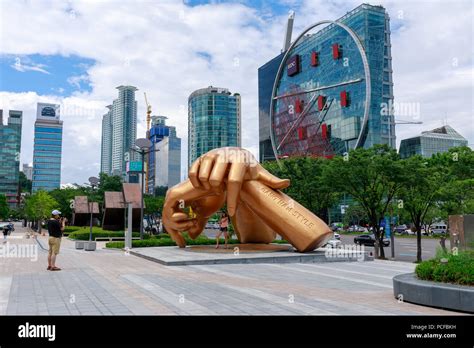 Seoul, South Korea - July 3, 2018 : Gangnam style statue in front of coex mall in the Gangnam ...