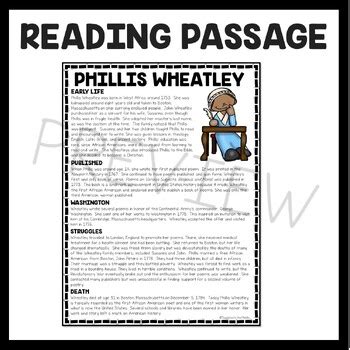 Writer Phillis Wheatley Biography Reading Comprehension Worksheet