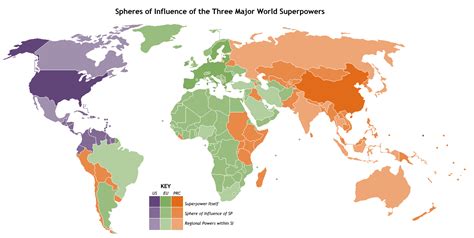 [OC] Map of the spheres of influence of the three major economic superpowers, as defined by ...