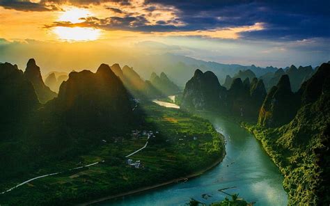 Sunrise At Guilin National Park, grass, China, bonito, sky, mist, sun ...