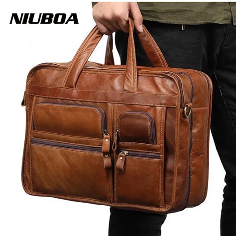 NIUBOA Men Briefcases Genuine Leather Handbag Vintage Laptop Briefcase Messenger Shoulder Bags ...