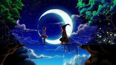 HD wallpaper: stars, anime girls, sky, fantasy art, night, Moon ...