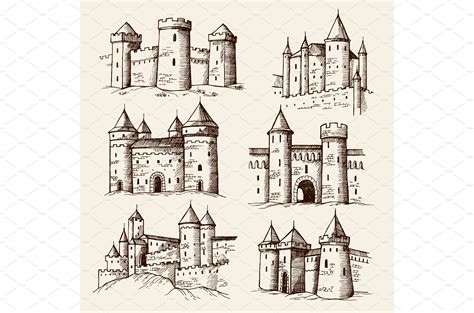 Medieval castles. Drawing ancient | Background Graphics ~ Creative Market