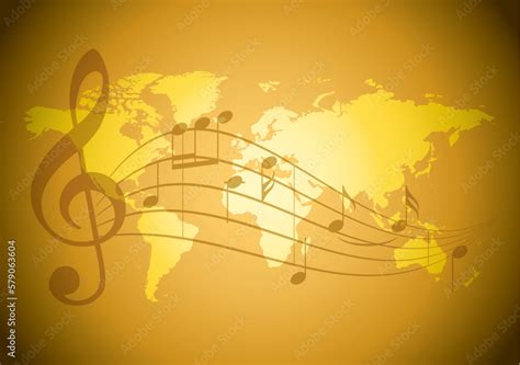 vector background with wavy music notes and yellow world map - golden ...