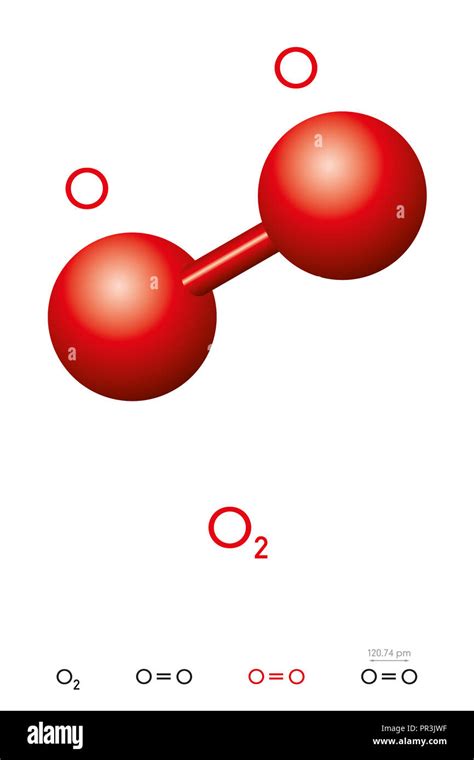 Oxygen, O2, molecule model and chemical formula. Also dioxygen, diatomic or molecular oxygen ...