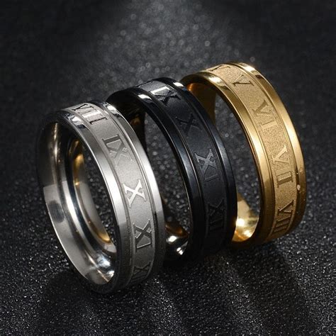 6mm Silver/Gold/Black Roman Numerals Ring Mens Stainless Steel Punk Band Sz 7-13 | Roman numeral ...