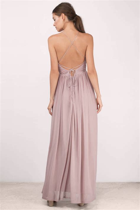 Mauve Dress - Pleated Dress - Deep V Dress - Sweep Dress - Maxi Dress - $64 | Tobi US