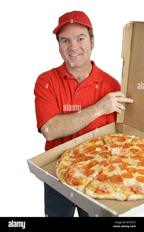 A pizza delivery man holding a hot fresh pepperoni pizza Isolated on white Stock Photo - Alamy