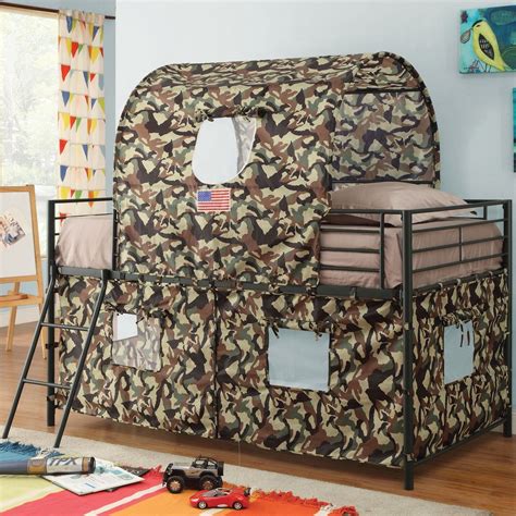 Boys Twin Loft Bed Camouflage Army Fort Tent Bunk Beds Kids Bedroom Ladder Green | Bed tent ...