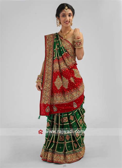 Gujarati Green Gajji Silk Gharchola Sarees | New saree blouse designs ...