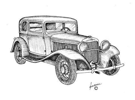 Vintage Car with Hand Crank | Vintage cars, Drawings, Ink pen drawings