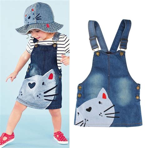 Chic Kids Baby Girls Animal Cat Printed Sleeveless Denim Overalls Dress ...