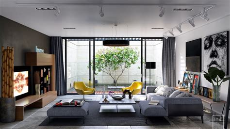 Beautiful Yellow And Grey Living Room Modern Apartment With TV And ...