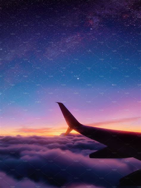 Evening starry sky from airplane by Antrisolja Photography on @creativemarket Sky Pictures ...