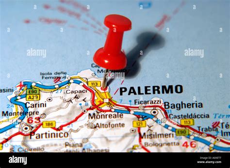 Map Pin pointing to Palermo , Sicily , Italy on a road map Stock Photo ...