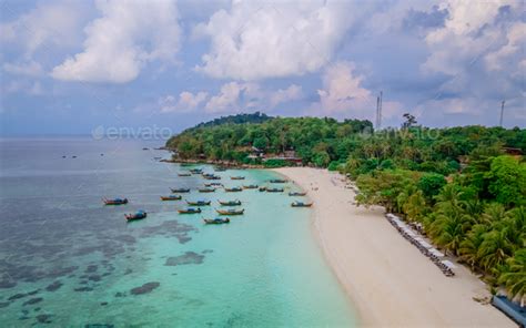 Koh Lipe Island Southern Thailand with turqouse colored ocean and white sandy beach at Ko Lipe ...