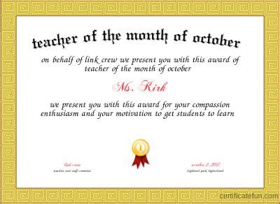 Recognize Outstanding Educators with a Teacher of the Month Certificate