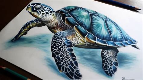 Colored Pencil Drawing Of Sea Turtle In Blue Background, Sea Turtle Picture To Draw, Turtle, Sea ...