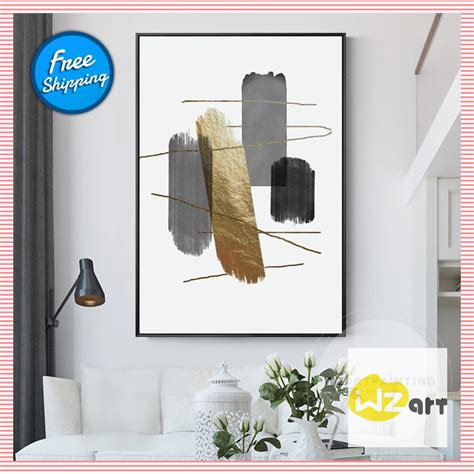 Frame Wall Art Geometric Modern Abstract Gold Grey Line Wall Art Print Painting on Canvas ...